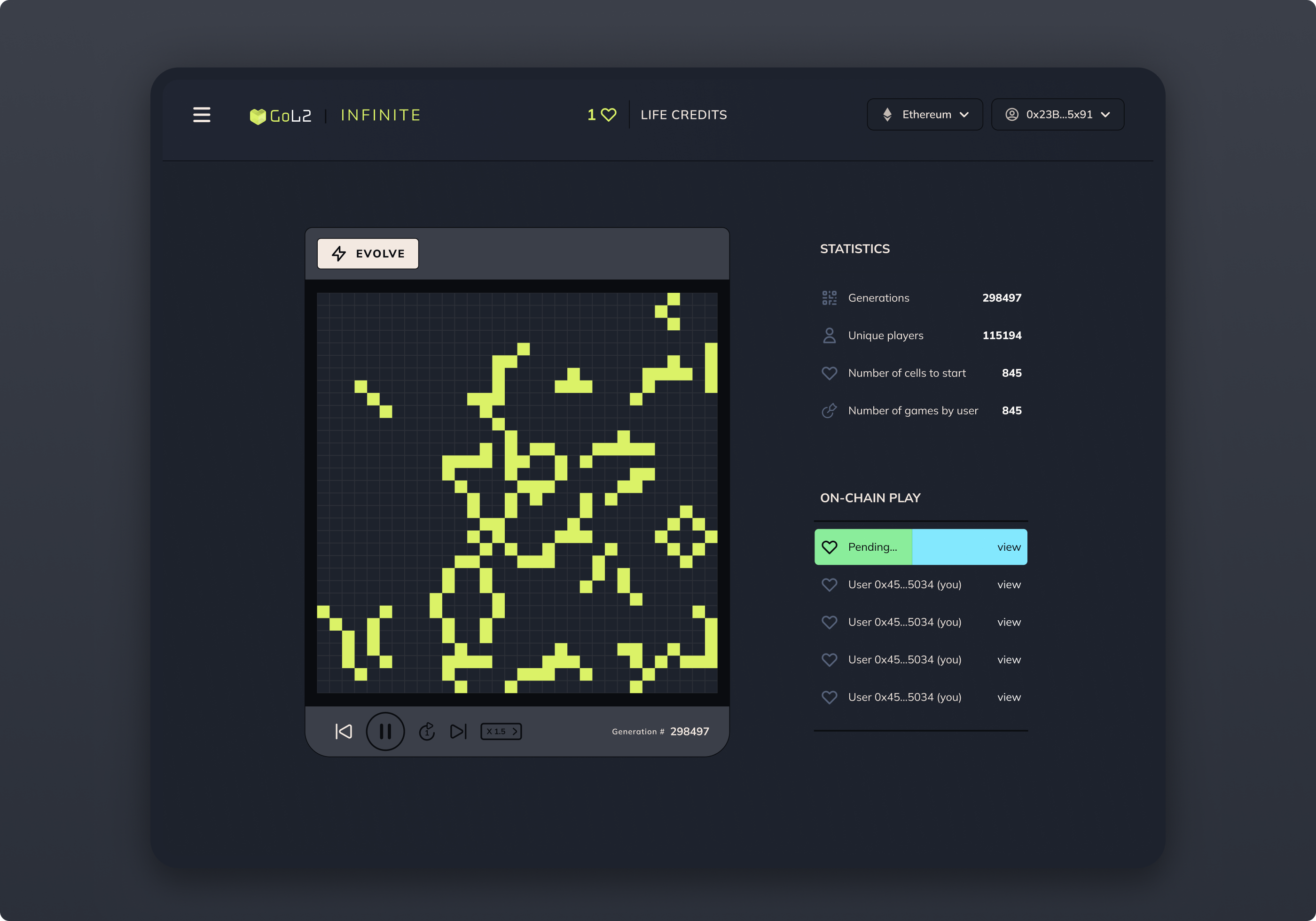 Game of Life — full app interface showing evolving cellular patterns and statistics