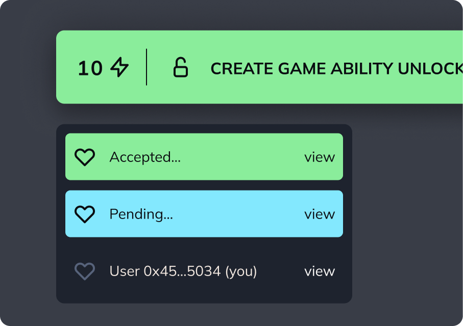 On-chain gameplay panel with pending and accepted states