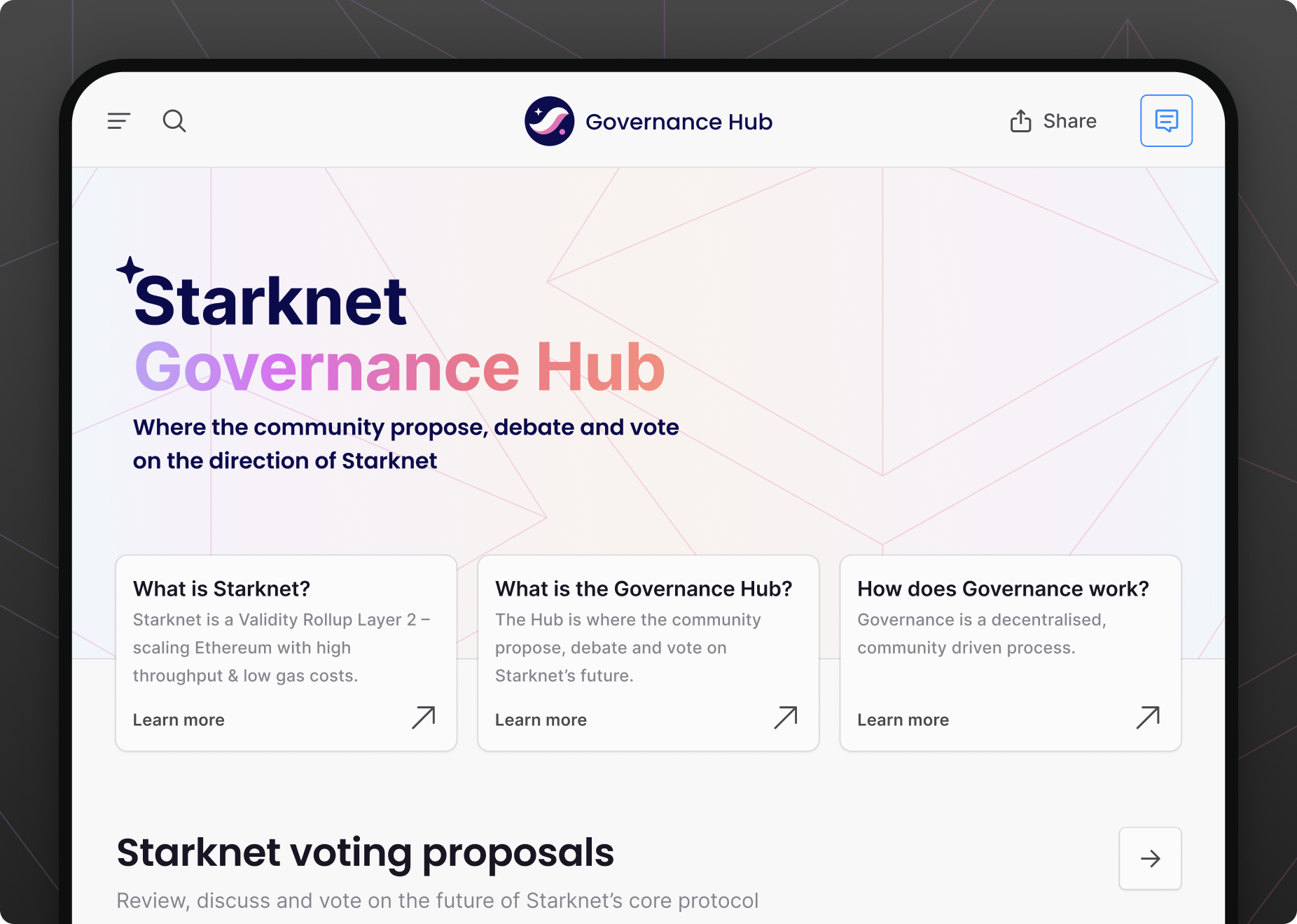 Starknet Governance Hub — full app interface showing proposals and voting