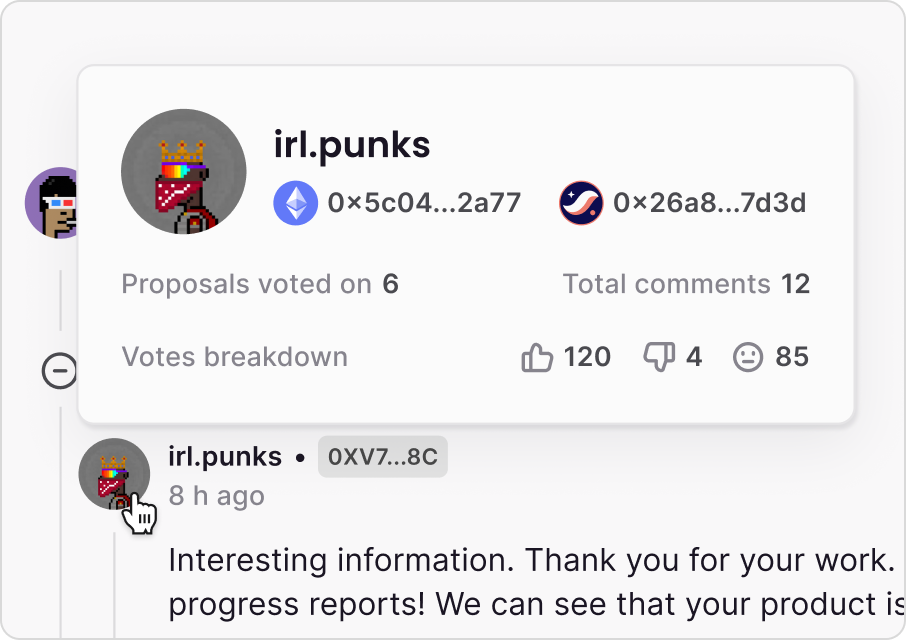 User profile with voting history and delegate breakdown