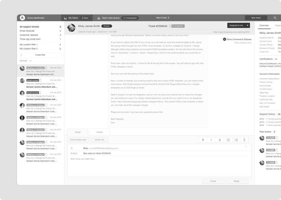 Support dashboard UI mockup